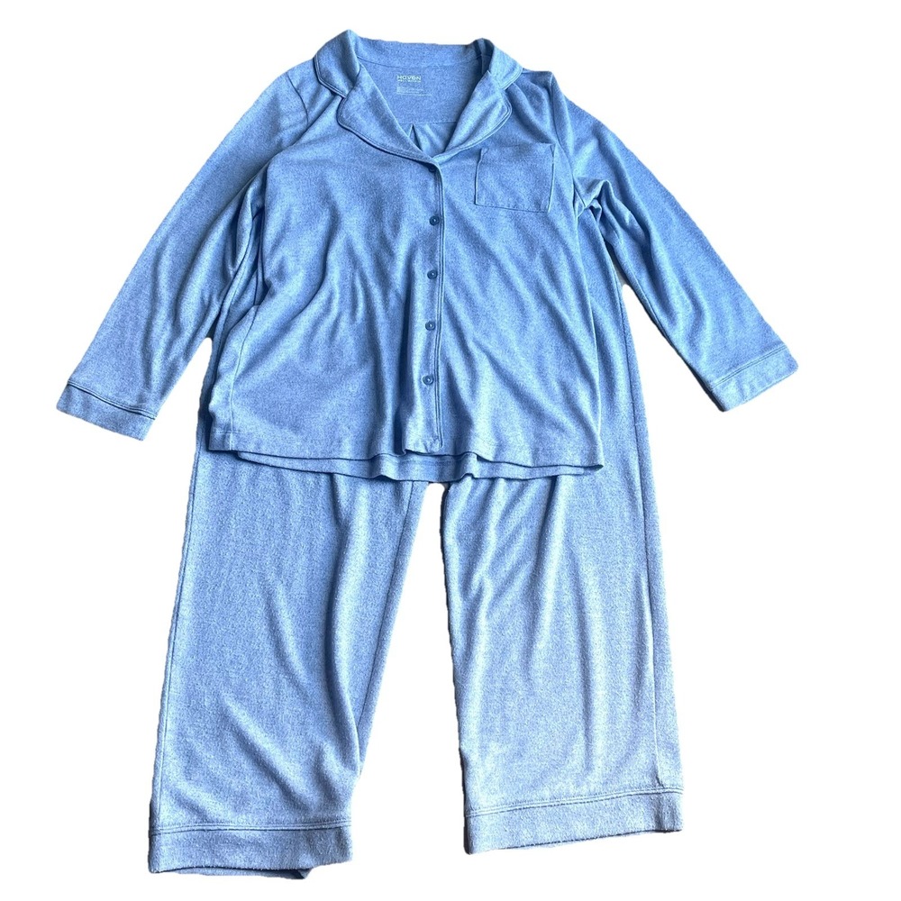 Haven Well Within Marled Knit Pajama Set Large Blue Soft Comfort Button Front